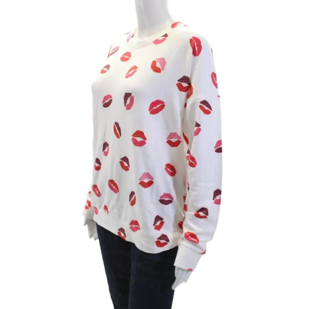 PJ Salvage Womens Textured Long Sleeve Round Neck Printed Top White Size S